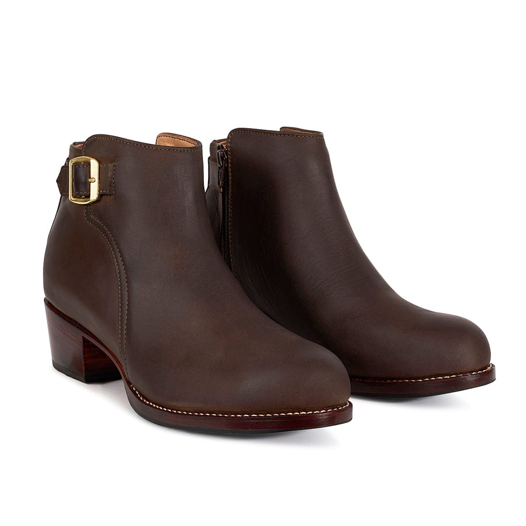 Adelante brown leather women's buckle booties with block heels and side zippers