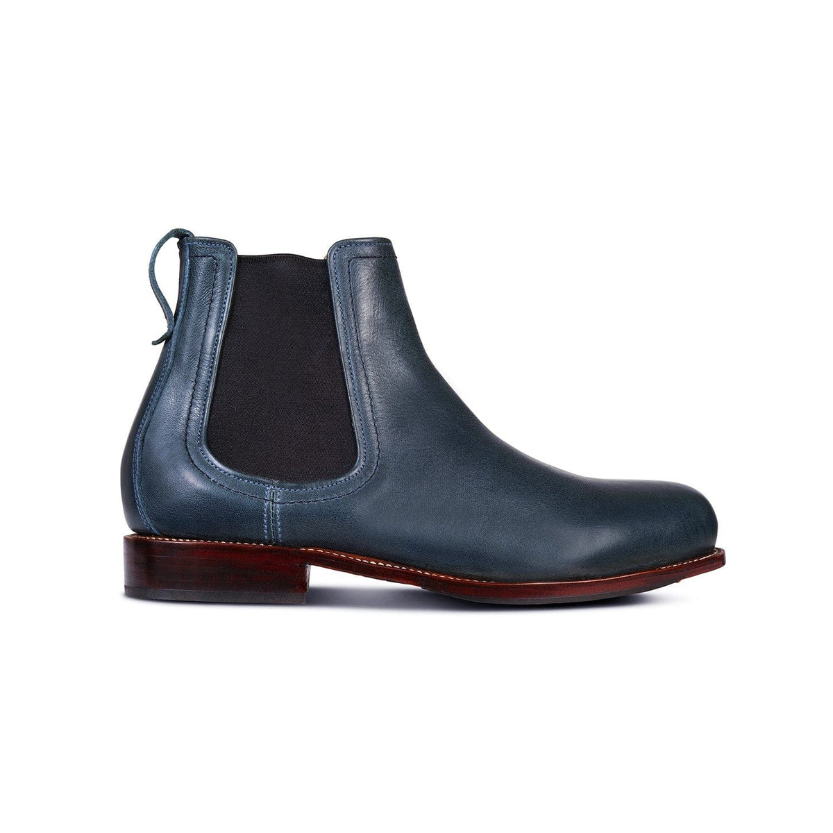 Side view of a men's wide blue leather Chelsea boot, also made for size 5 feet – The Mendoza