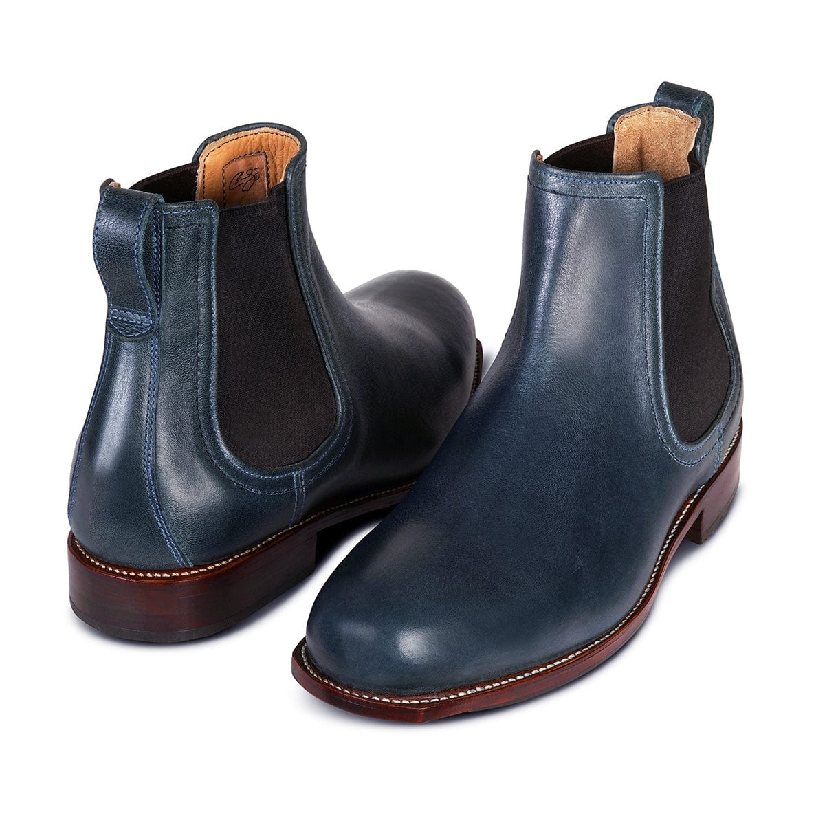Men's 3E-wide blue leather Chelsea boots, shown from the front at an angle. Available in every half size – The Mendoza
