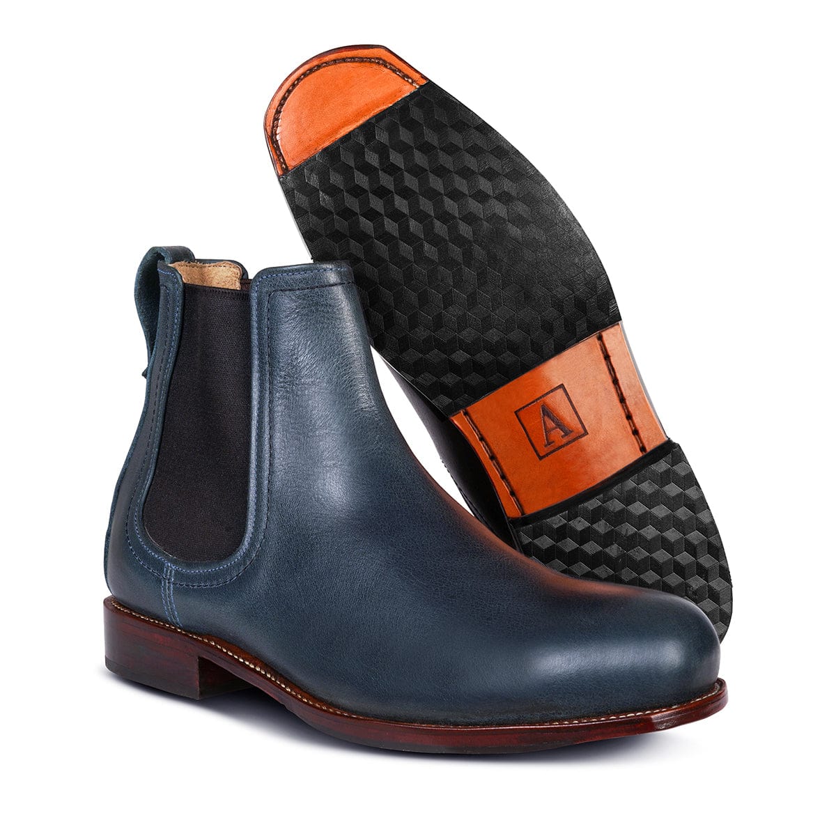 Men's EEE wide blue leather Chelsea boot, with the sole turned up, made to order in size 9 – The Mendoza