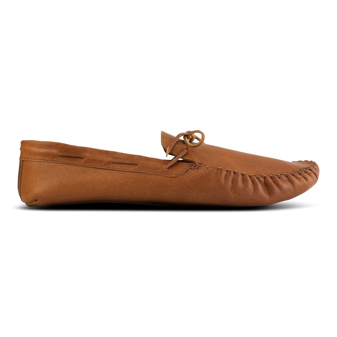 Side view of a men's EEEEE extra-wide light brown leather moccasin, handcrafted to fit size 5