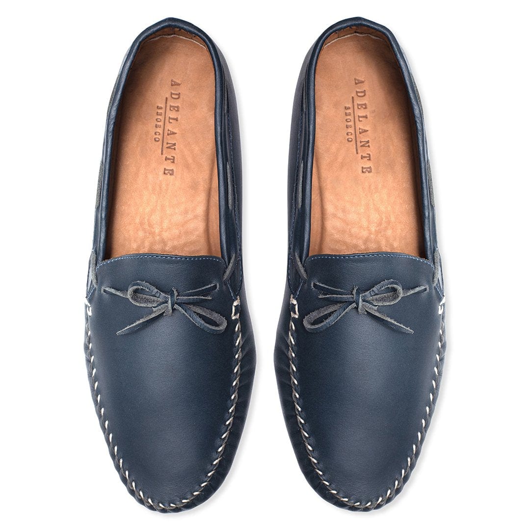 Men's EEEEE extra-wide blue leather moccasins, from above, also made for size 7.5 feet