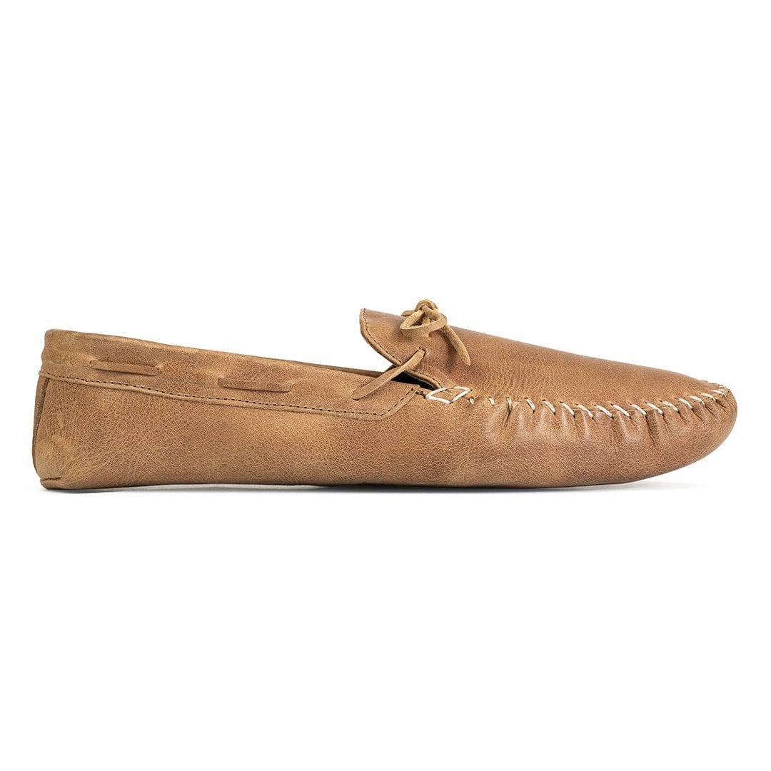 Men's 2E-wide tan leather moccasin, shown in side profile, can be made in size 13