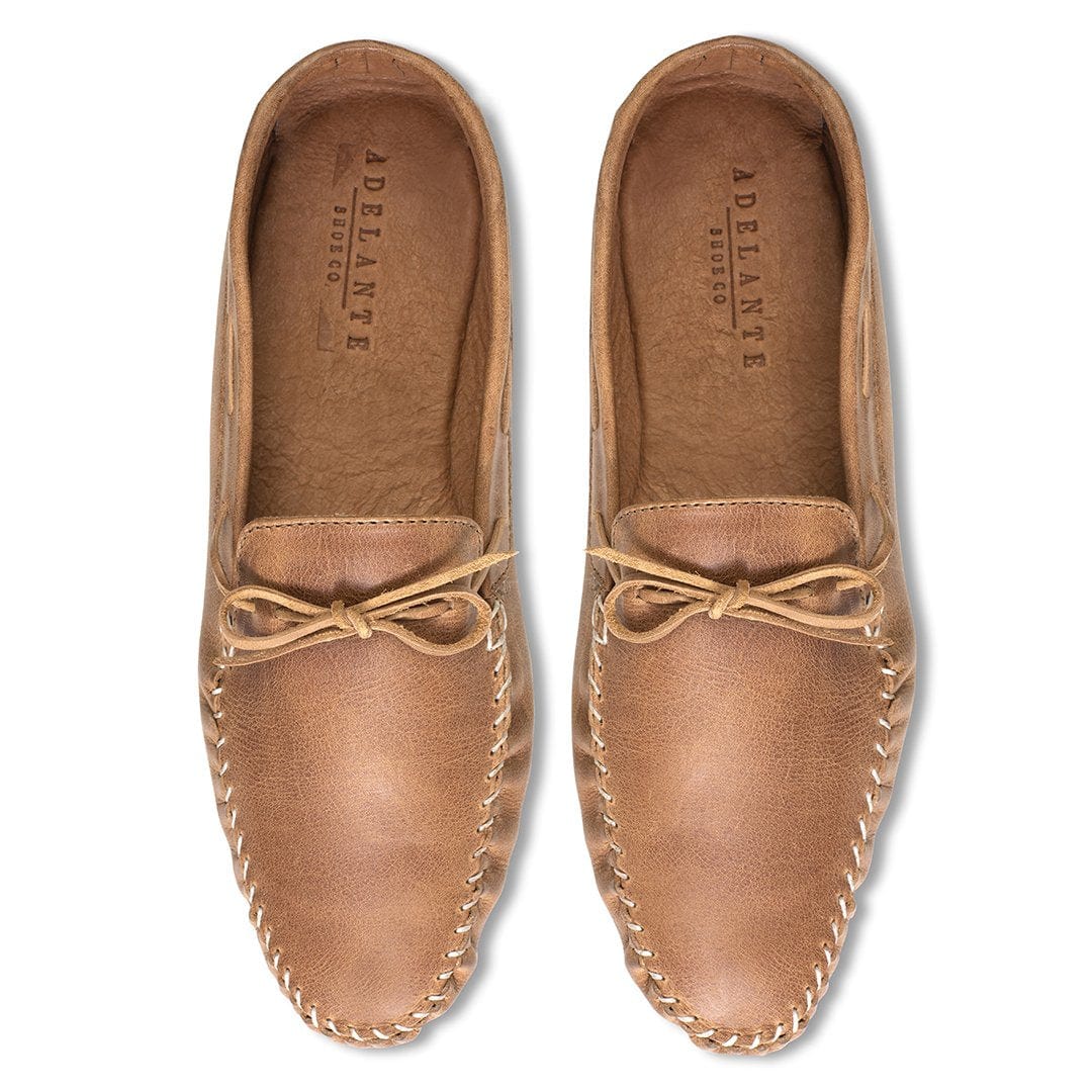 Men's 5E extra-wide tan leather moccasins, seen from above, made to order for hard-to-fit feet