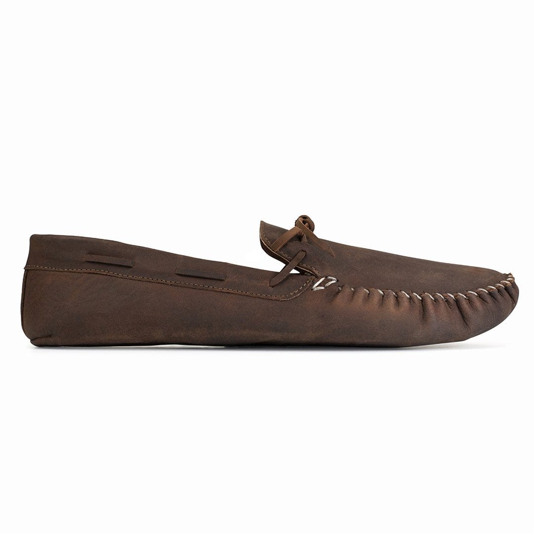 Men's EEE wide dark brown leather moccasin, seen from the side. For feet that are hard to fit