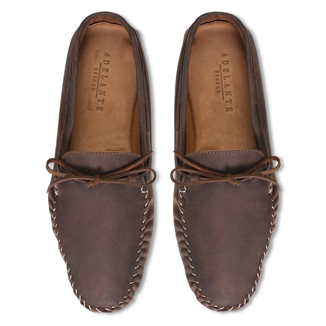 Men's extra-wide dark brown leather moccasins, from above, made to order in size 13.5