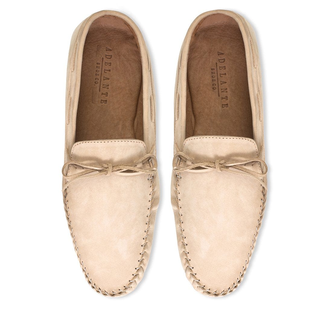 Men's wide cream leather moccasins, seen from above. Available in every half size
