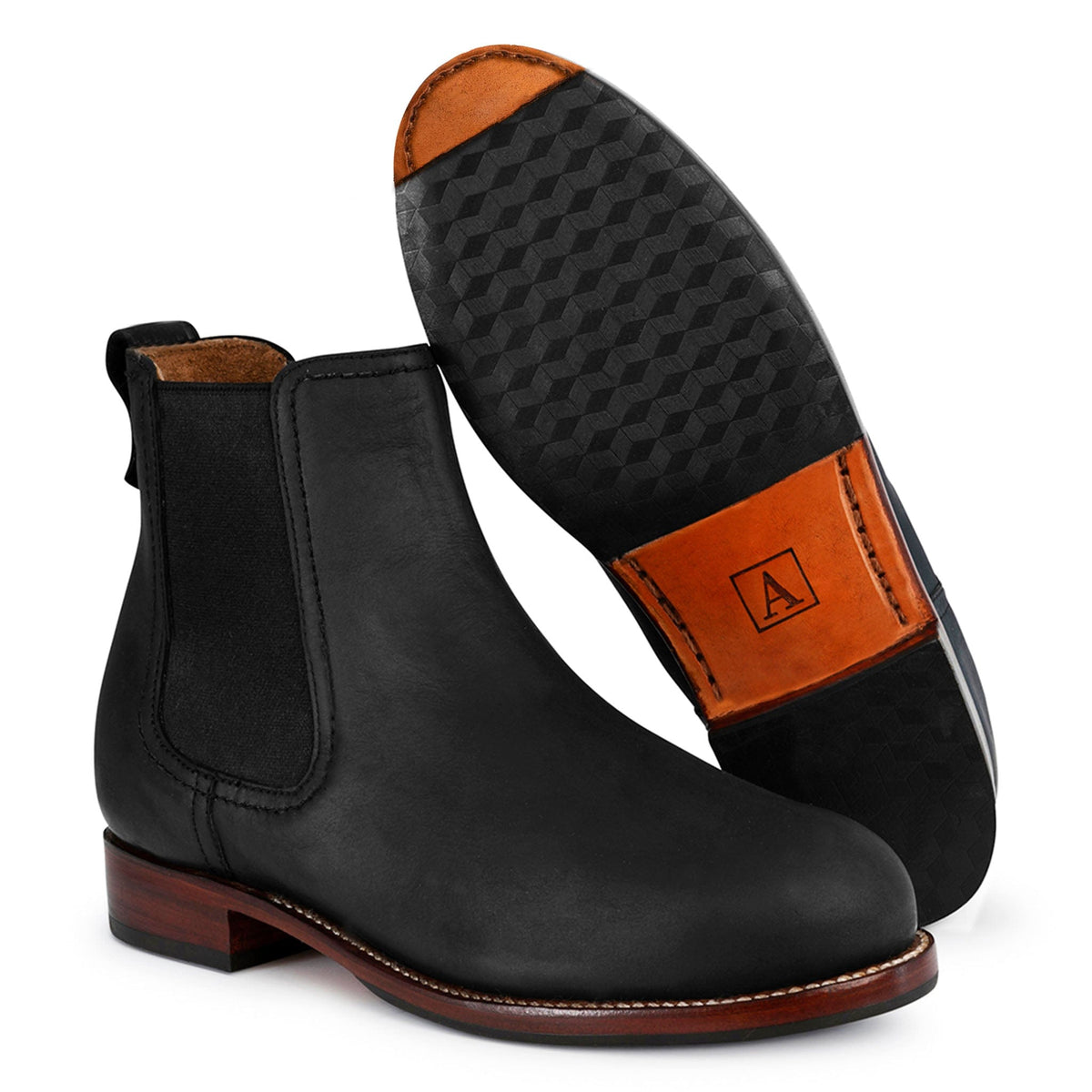 Black womens Chelsea boot with elastic side panels and pull tab by Adelante Shoes