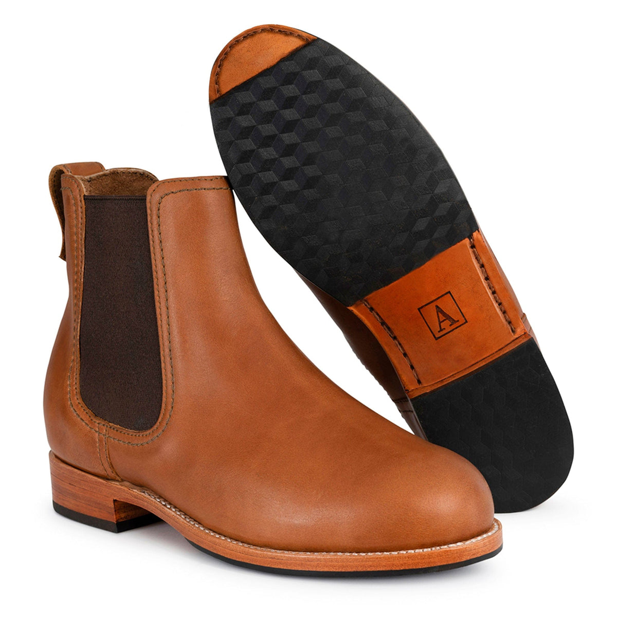 Brown women's Chelsea boots with elastic side panels, pull tabs, and contrasting stitching, available in narrow to extra wide widths