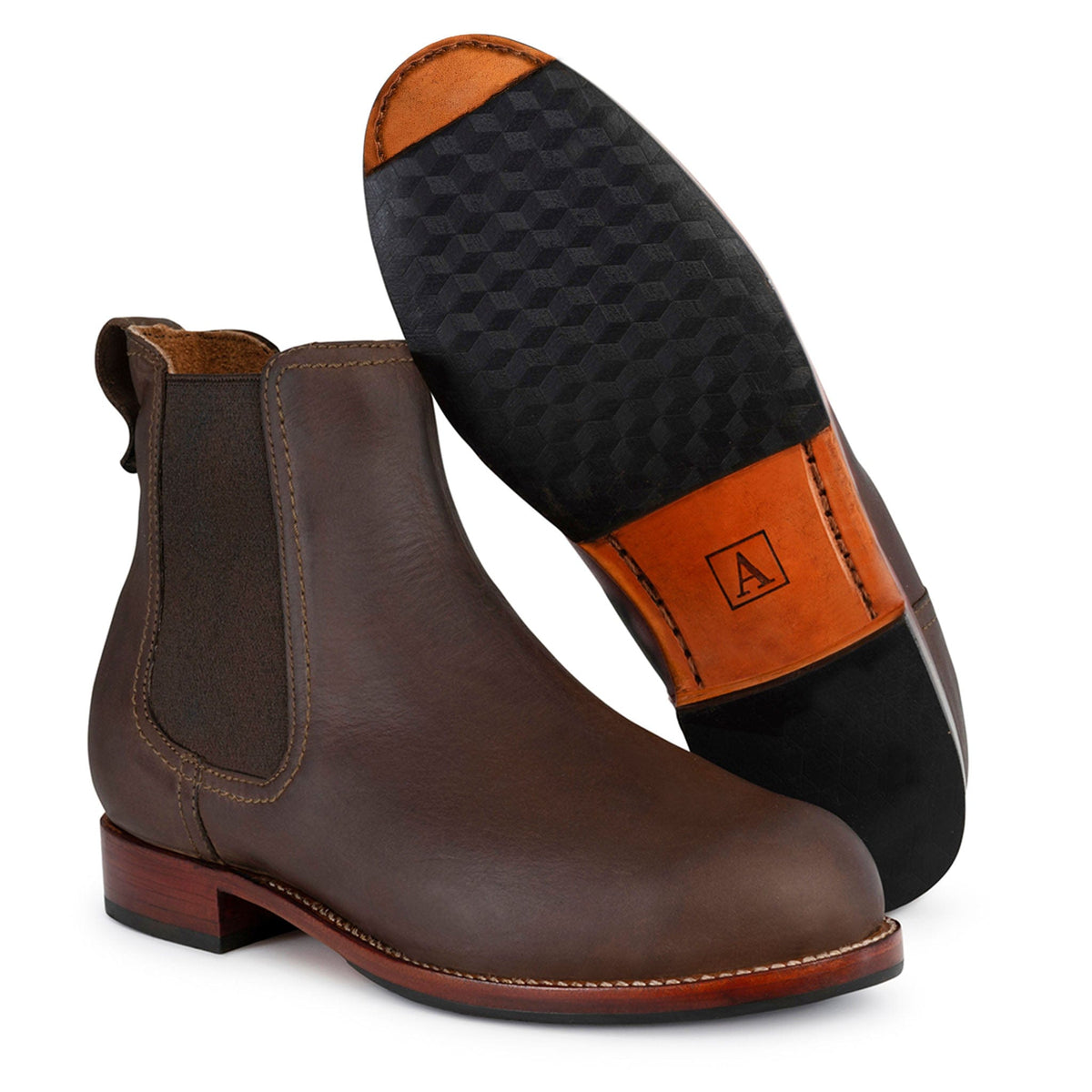 Brown women's Chelsea boots with elastic side panels, pull tabs, contrast stitching, and walking heels, available in narrow to extra wide widths by Adelante.