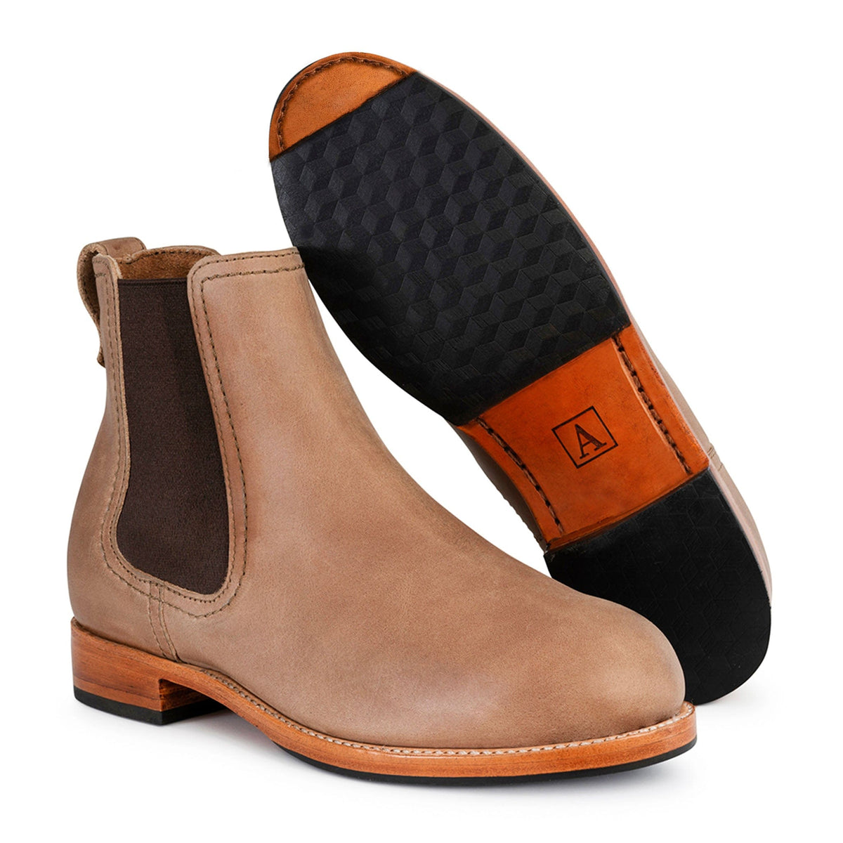 Adelante women's tan Chelsea boots with elastic side panels, pull tabs, contrast stitching, and stacked heels