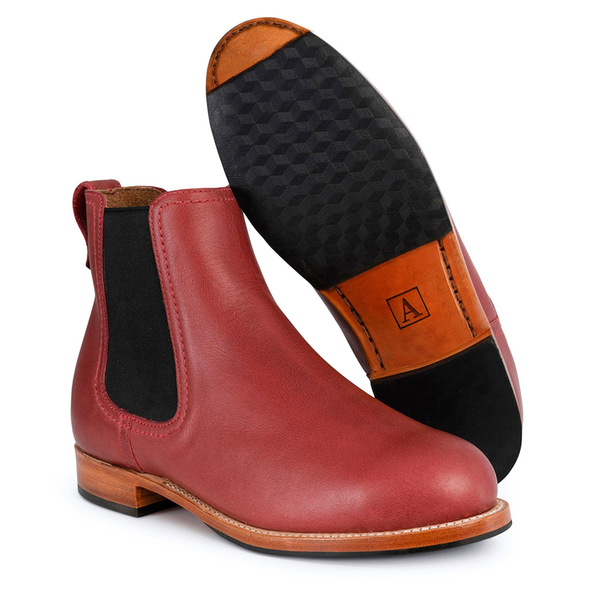 Adelante red womens Chelsea boots with black elastic panels, contrast stitching, and low walking heels