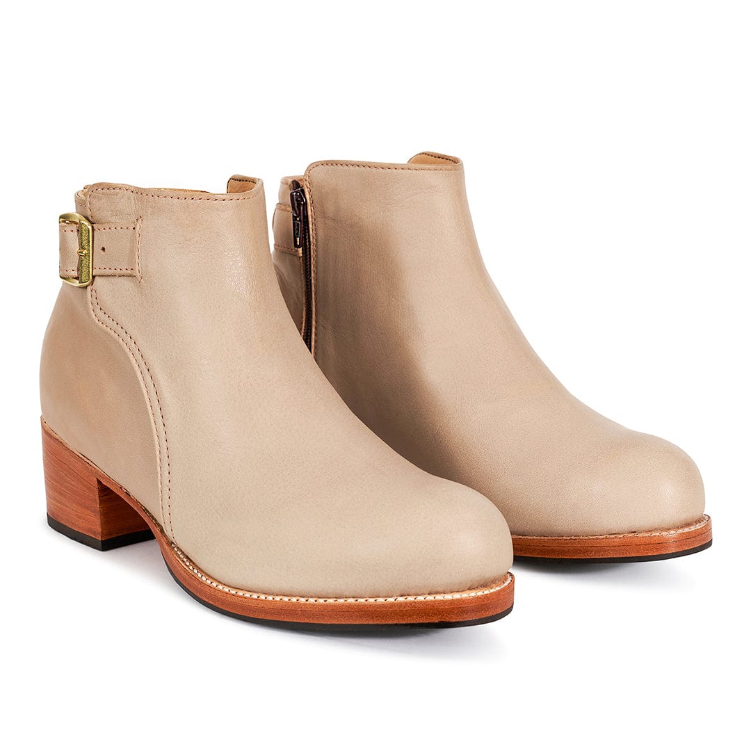 Adelante womens beige buckle booties with block heels and side zippers, available in narrow to extra wide widths