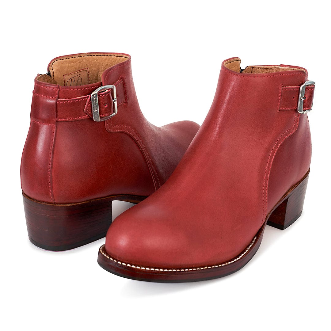 Women's red buckle booties with block heels and adjustable straps, available in narrow, regular, wide, and extra wide widths