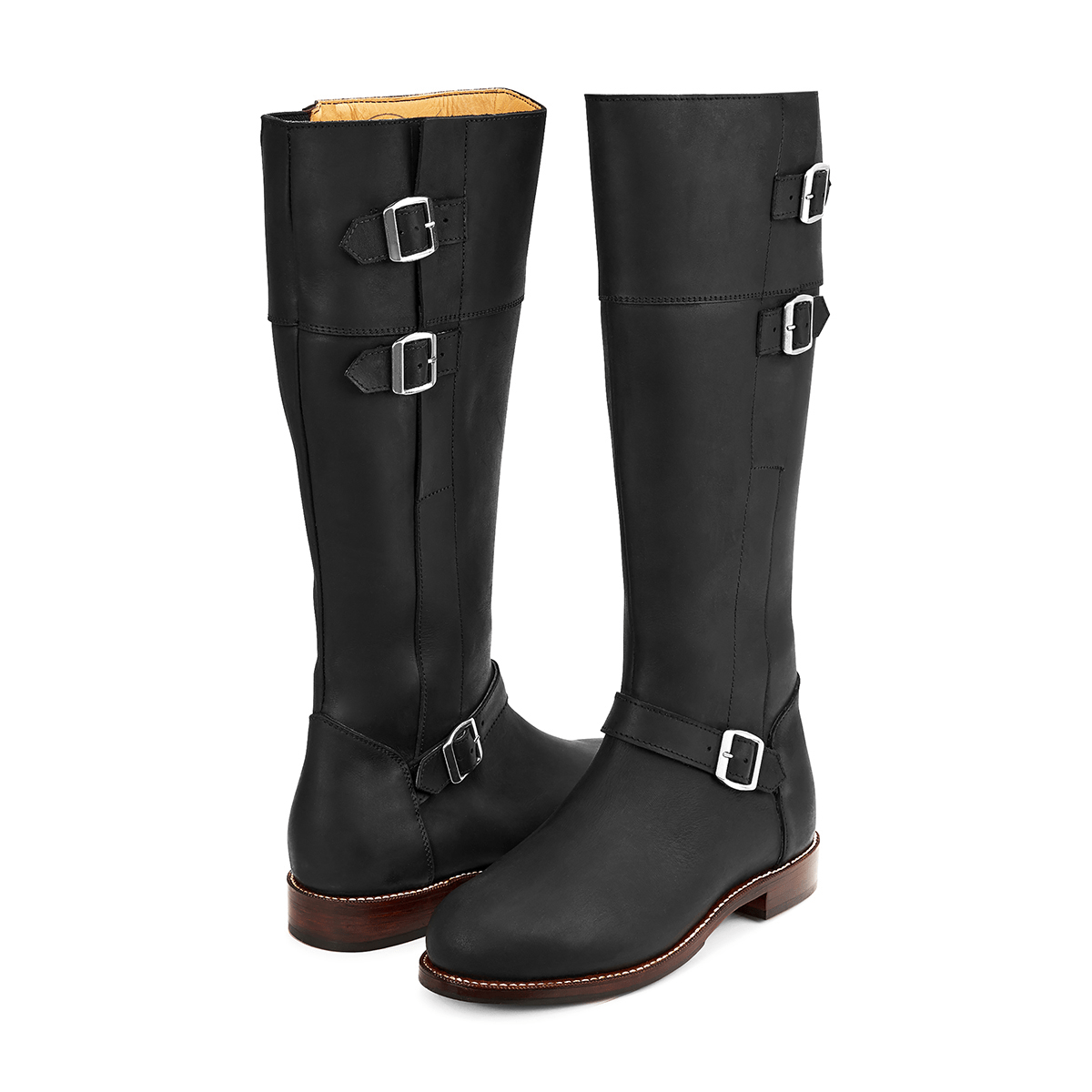 Black women's tall riding boots with buckle details and wide calf fit handcrafted by Adelante Made To Order