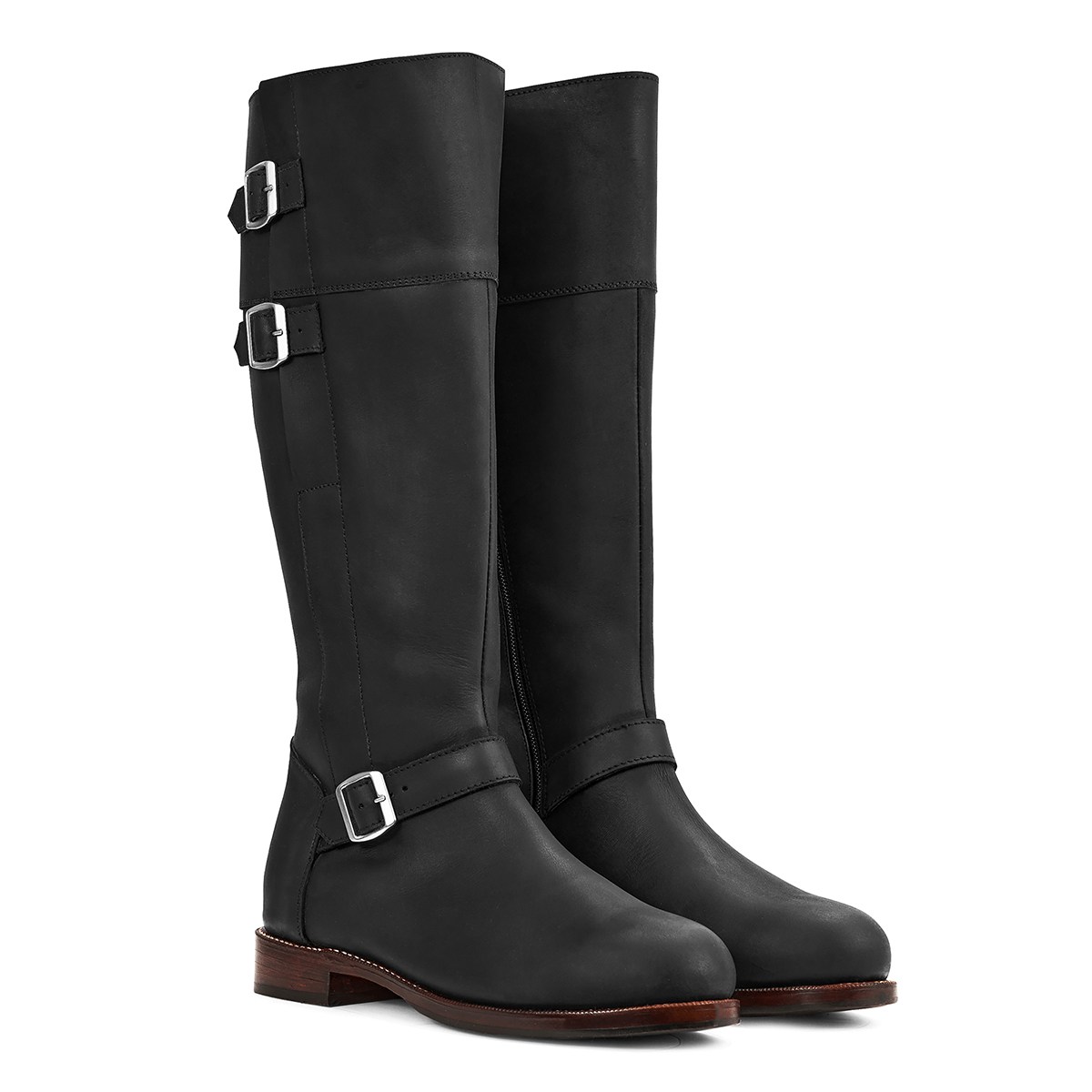 Black women's tall riding boots with three buckle straps and wide calf fit, handcrafted by Adelante artisans