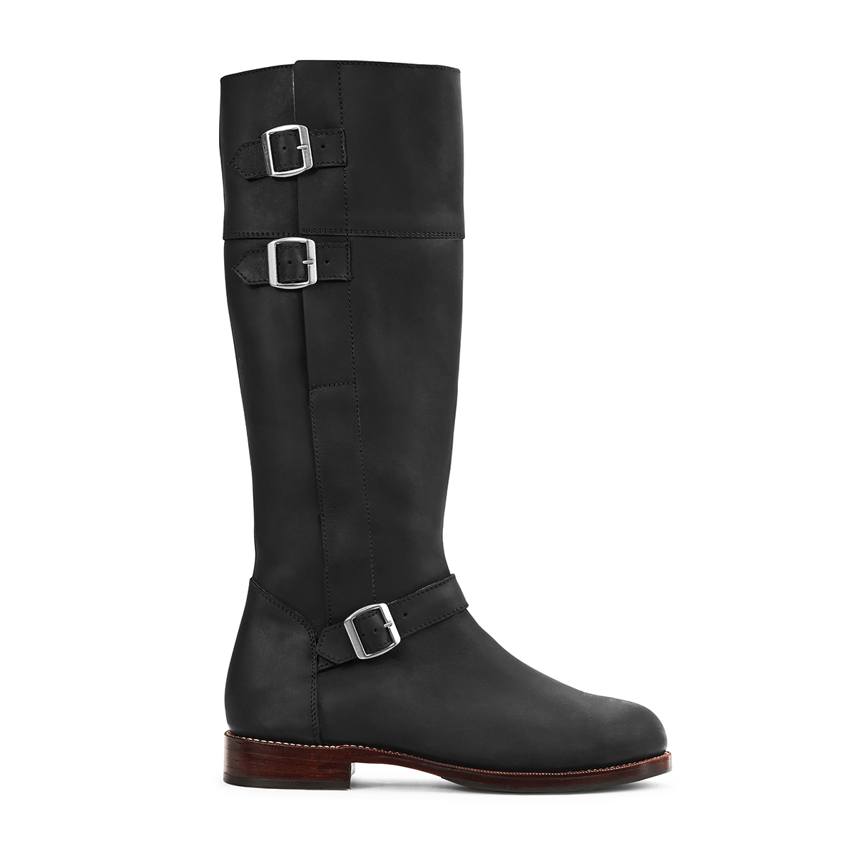Black women's knee-high riding boot with three buckle straps, leather construction, and a wide calf fit by Adelante Made-To-Order