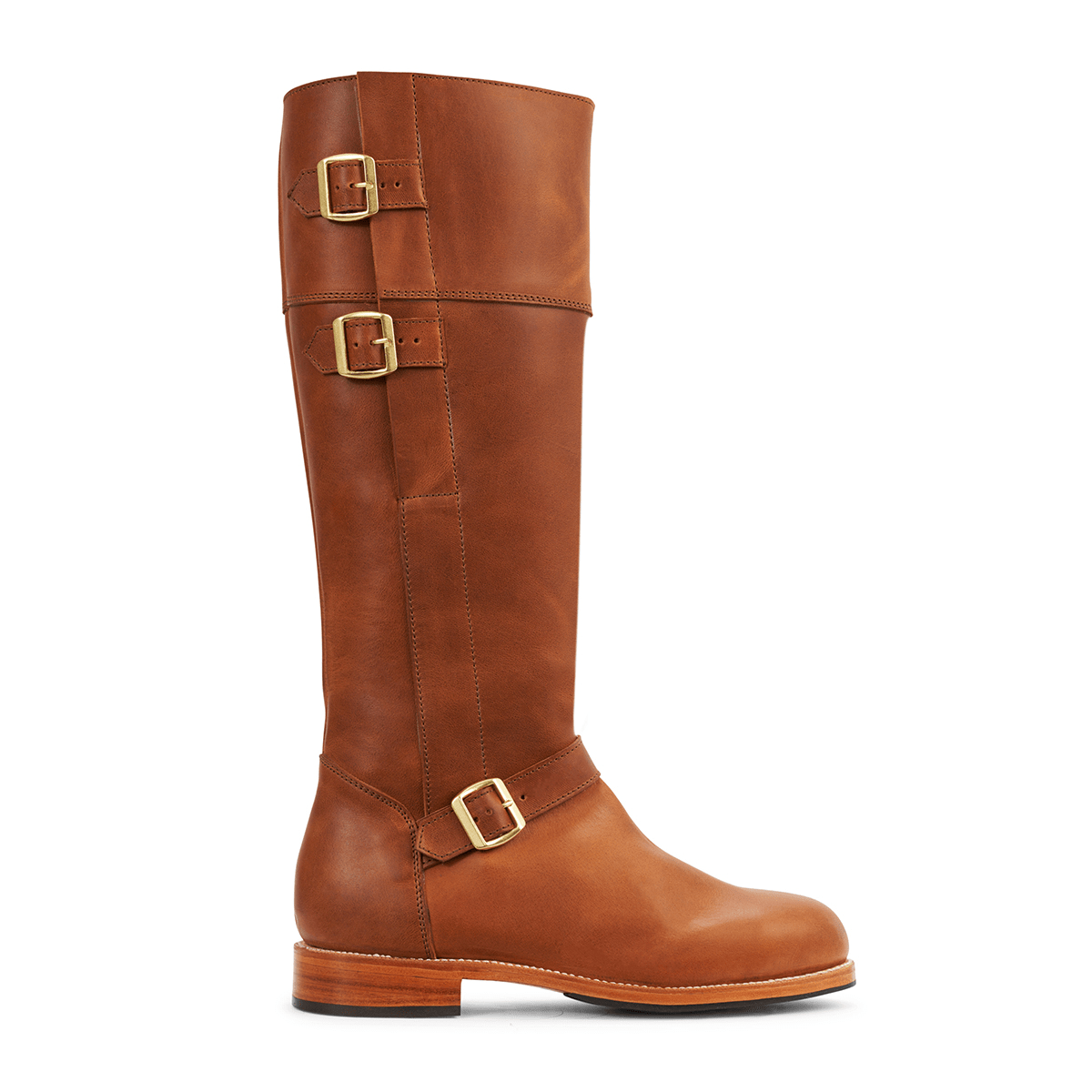 Brown women's tall riding boot with brass buckles and wraparound leather detailing, handcrafted to order with wide calf options