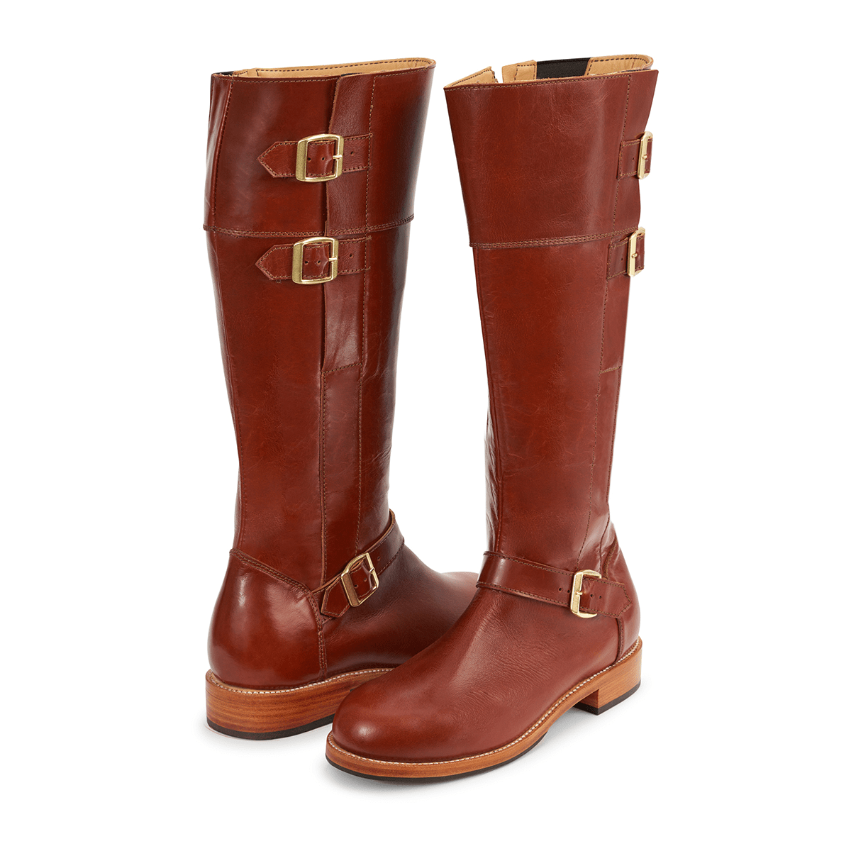 Adelante women's brown leather knee high riding boots with brass buckle details and made to order wide calf fit