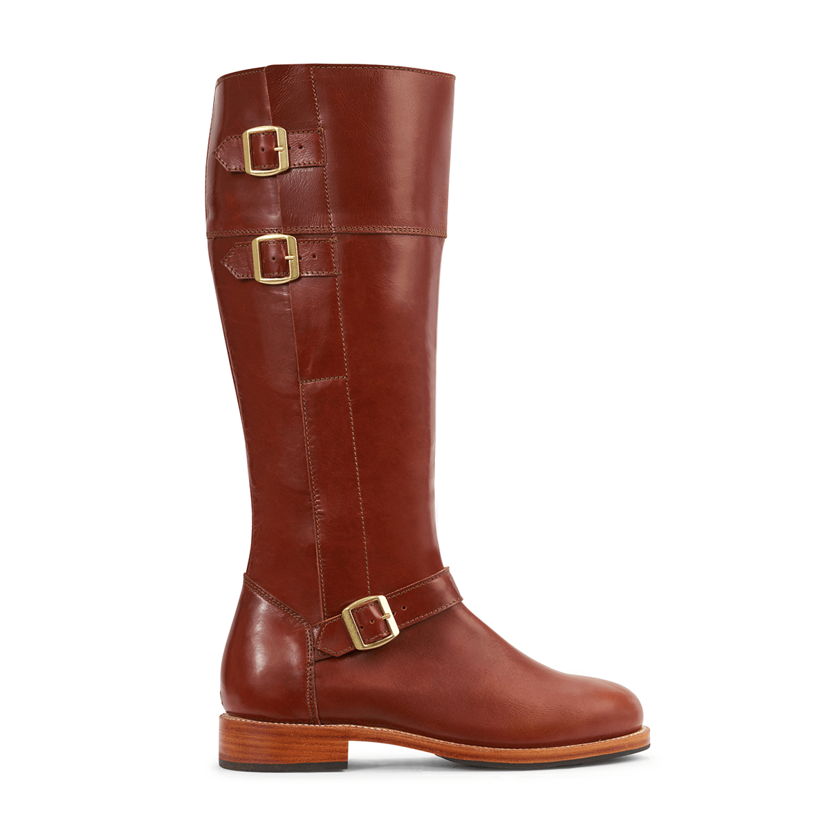 Brown leather women's tall riding boot with brass buckles and wraparound straps, made to order in wide calf widths