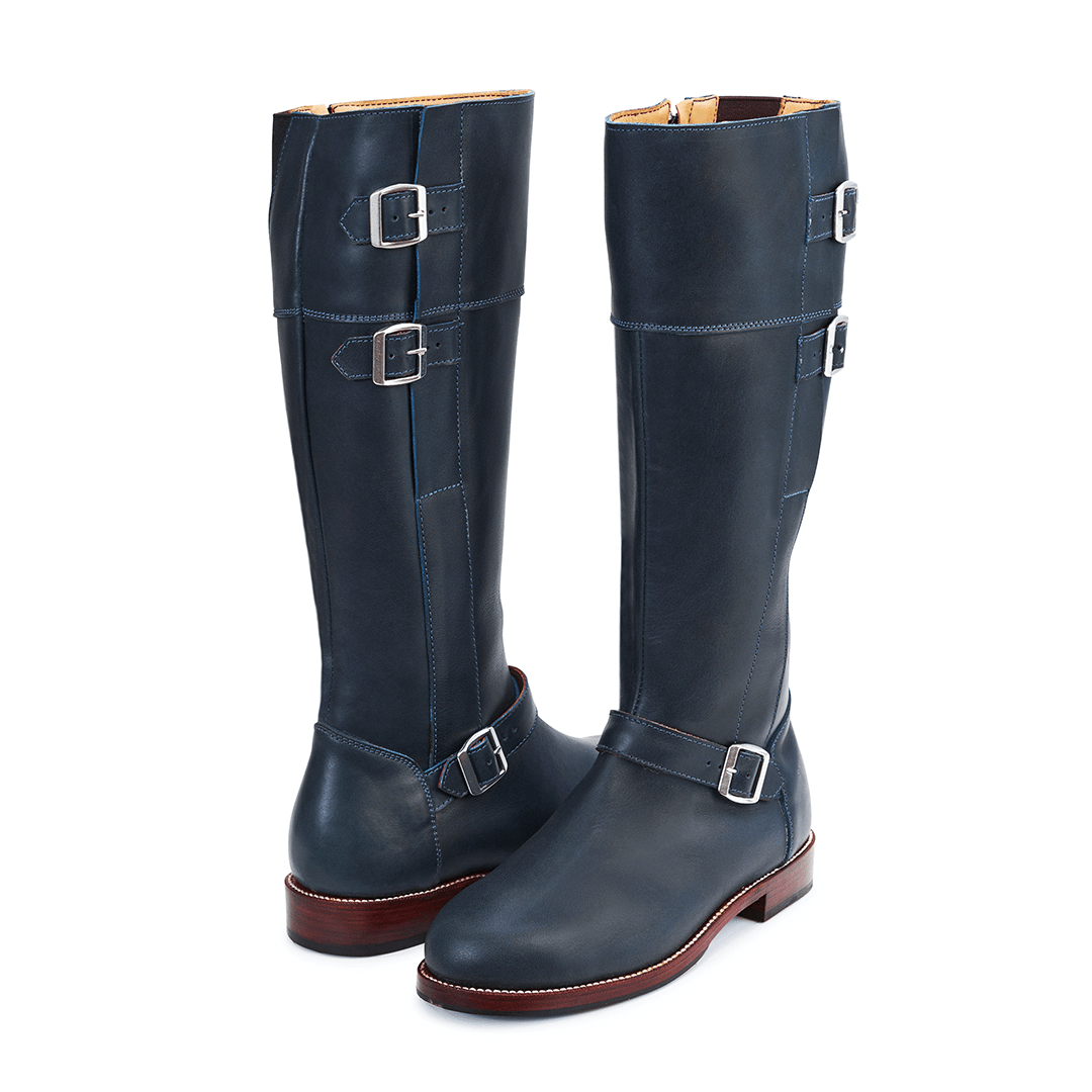 Adelante women's tall black leather riding boots with wraparound buckle details and wide calf fit, handcrafted to order