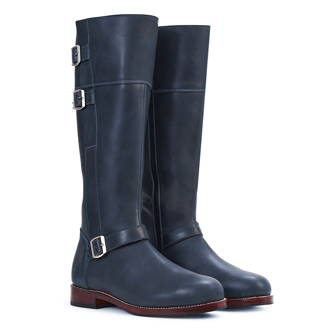 Adelante women's navy leather tall riding boots with three buckles and wide calf fit
