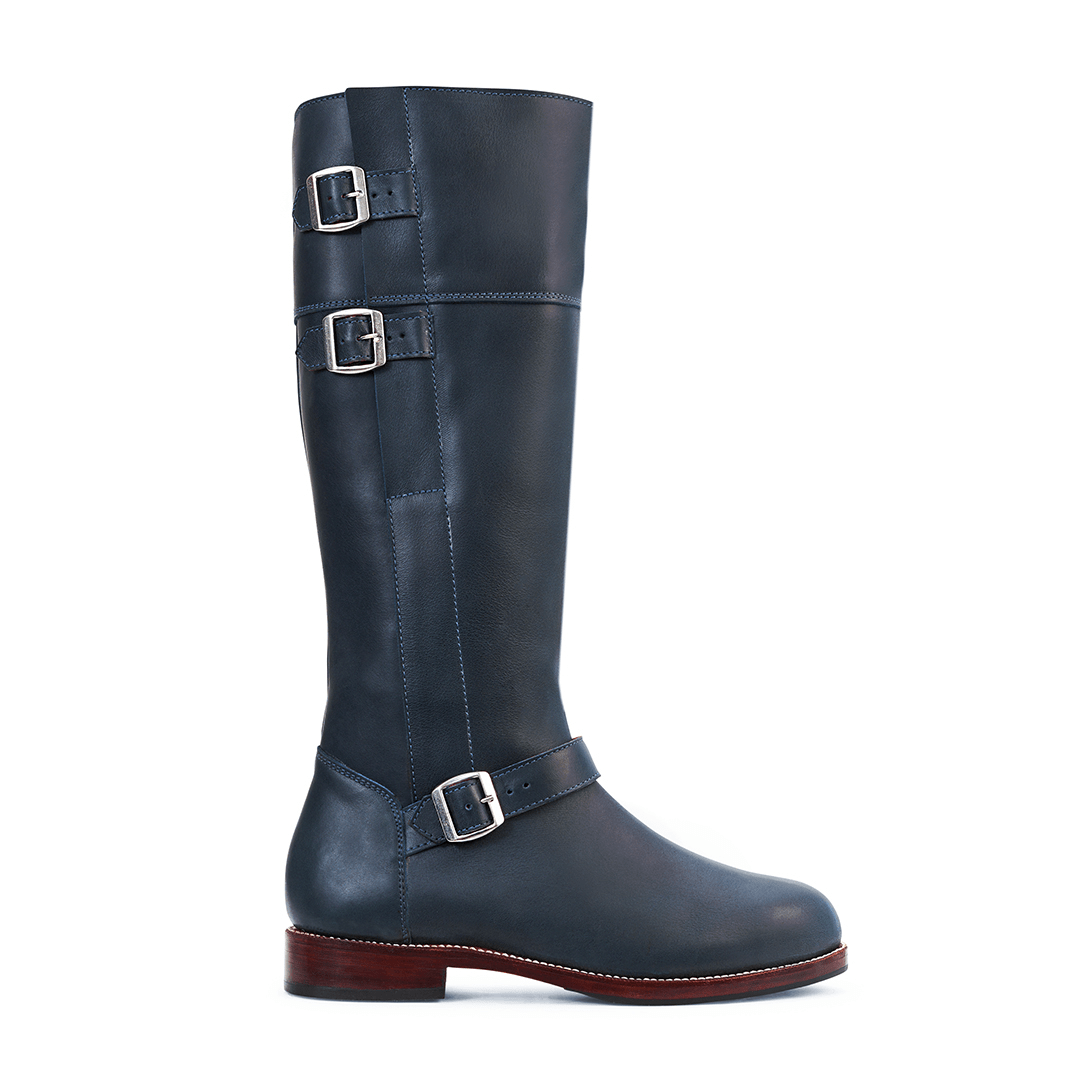 Women's black leather riding boot with three buckles, tall shaft, low heel, and wide calf fit by Adelante Made-To-Order