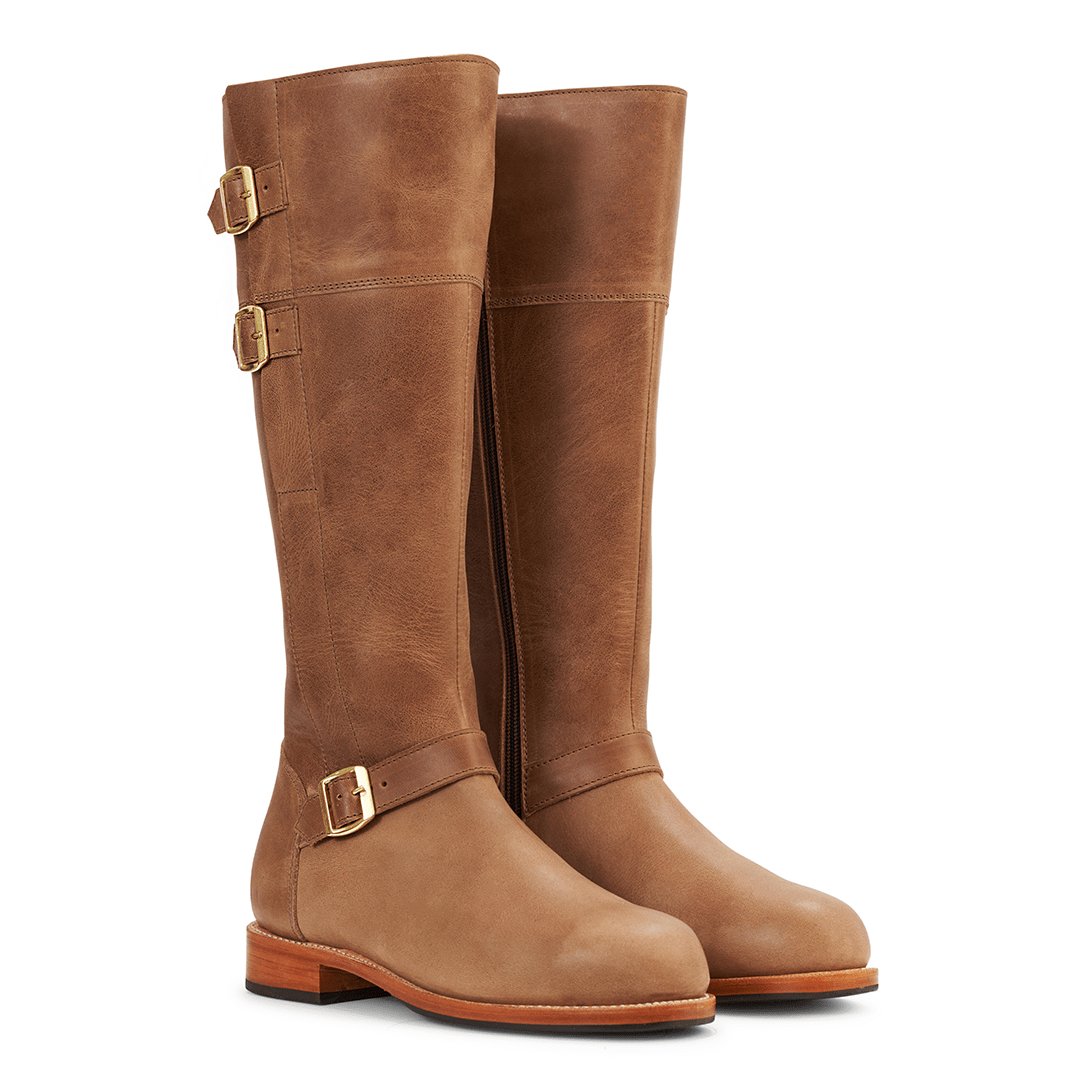 Adelante womens brown leather riding boots with brass buckles and wide calf fit