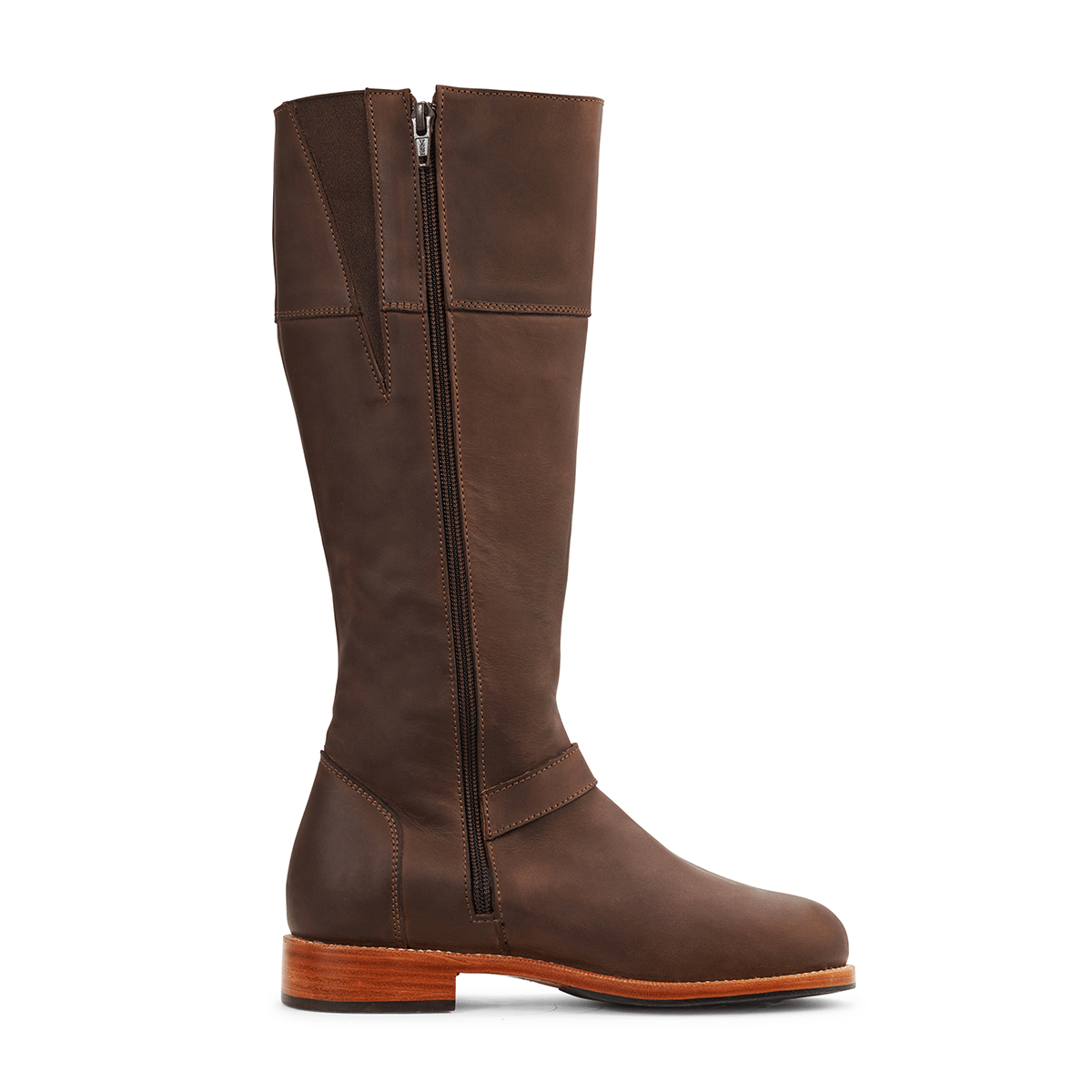 Brown womens knee high riding boot with side zipper, wraparound leather detailing, and wide calf fit by Adelante Made To Order