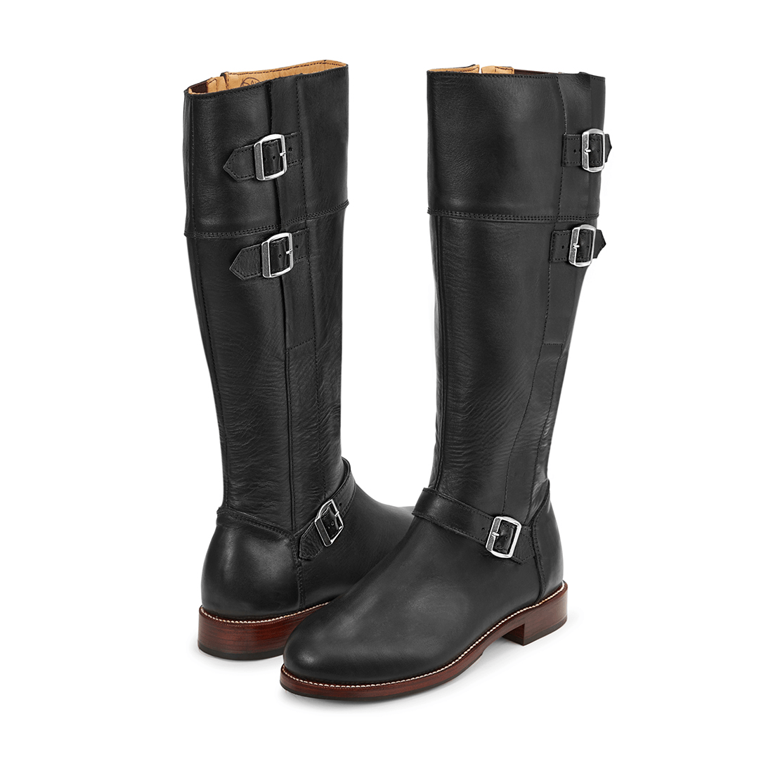 Adelante black leather womens tall riding boots with wraparound buckle detailing and custom calf widths for a tailored fit