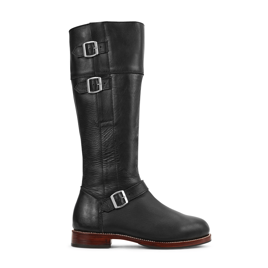 Black women's knee high riding boot with three buckle straps, leather detailing, and wide calf fit by Adelante Made To Order