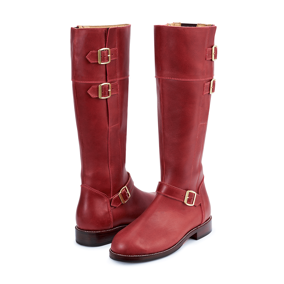 Adelante women's burgundy leather riding boots with wraparound buckle details, handcrafted and made to order with wide calf options