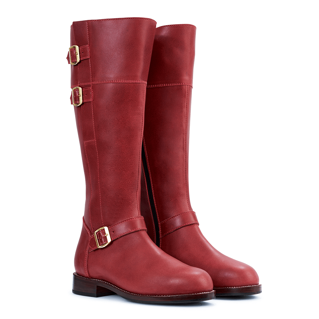 Adelante women's burgundy knee high riding boots with brass buckles and wide calf options