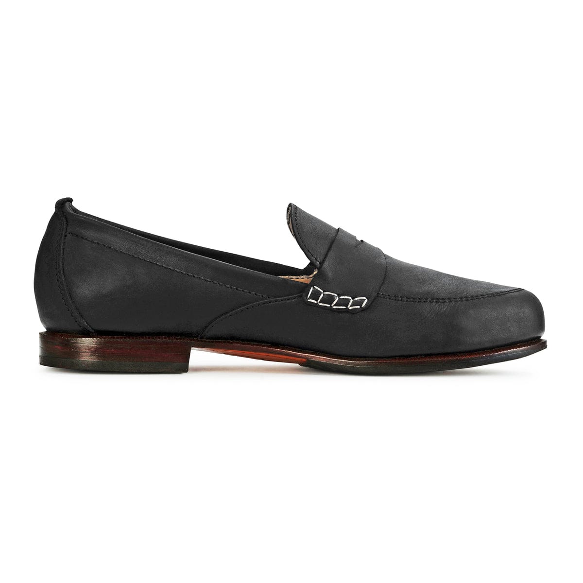 Women's wide black leather dress loafer, seen from the side. Available in every half size – The Sabina