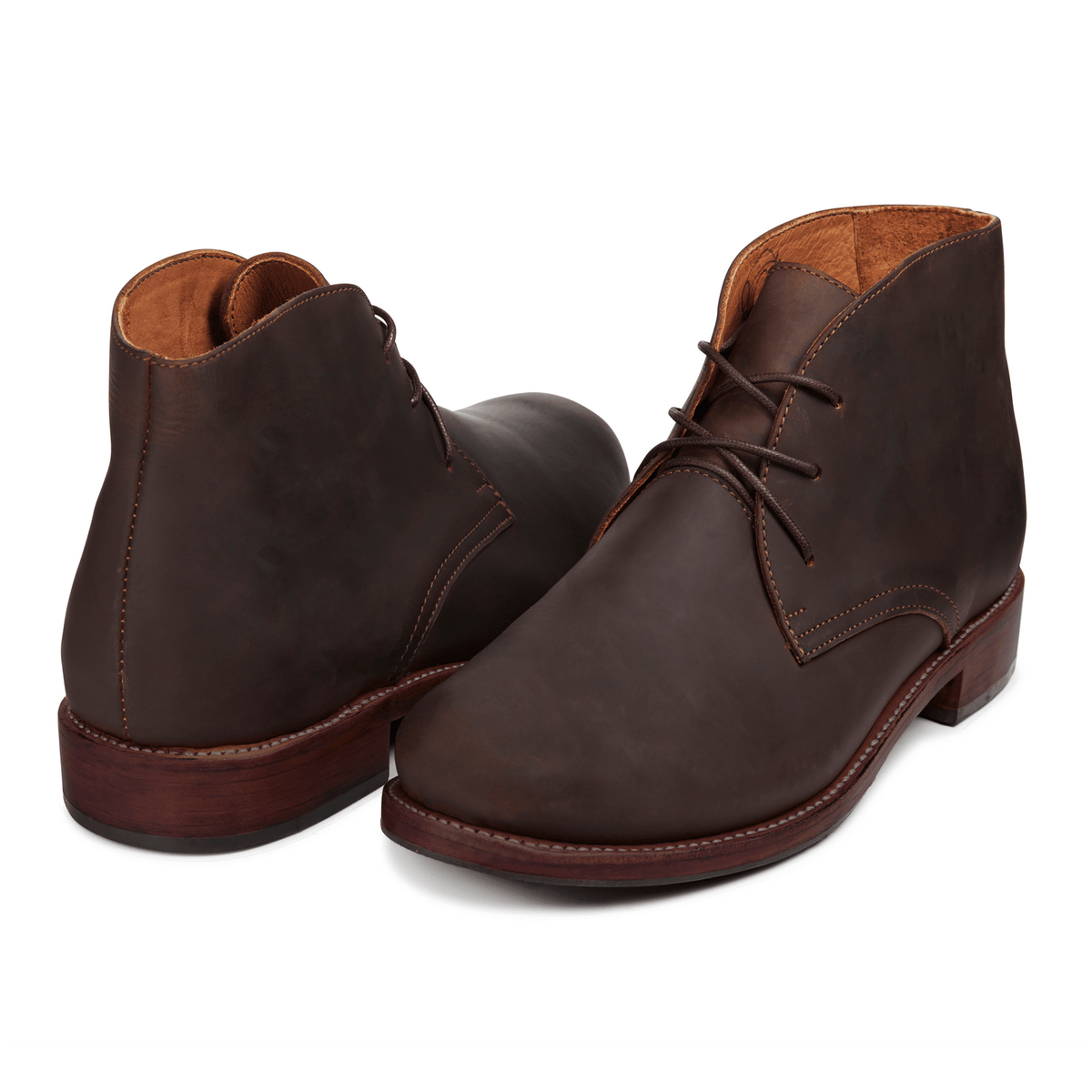 Men's extra-wide dark brown leather chukka boots, shown at an angle, built to order, even in size 17 – The Santiago