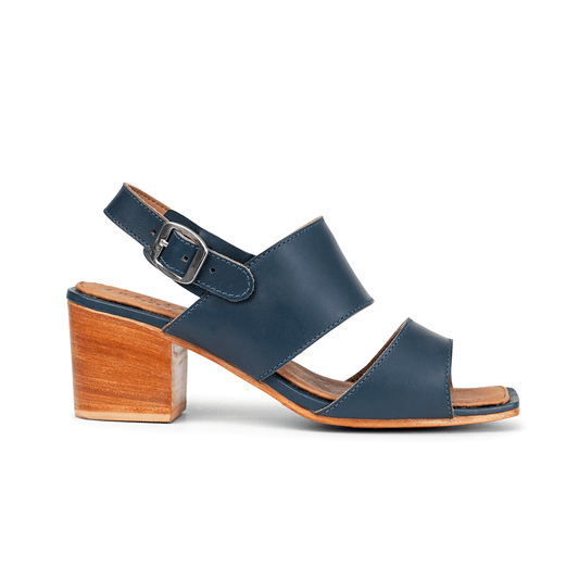 Women's 3E-wide blue leather heeled sandal, seen from the side. Crafted for wide and narrow feet – The Serena