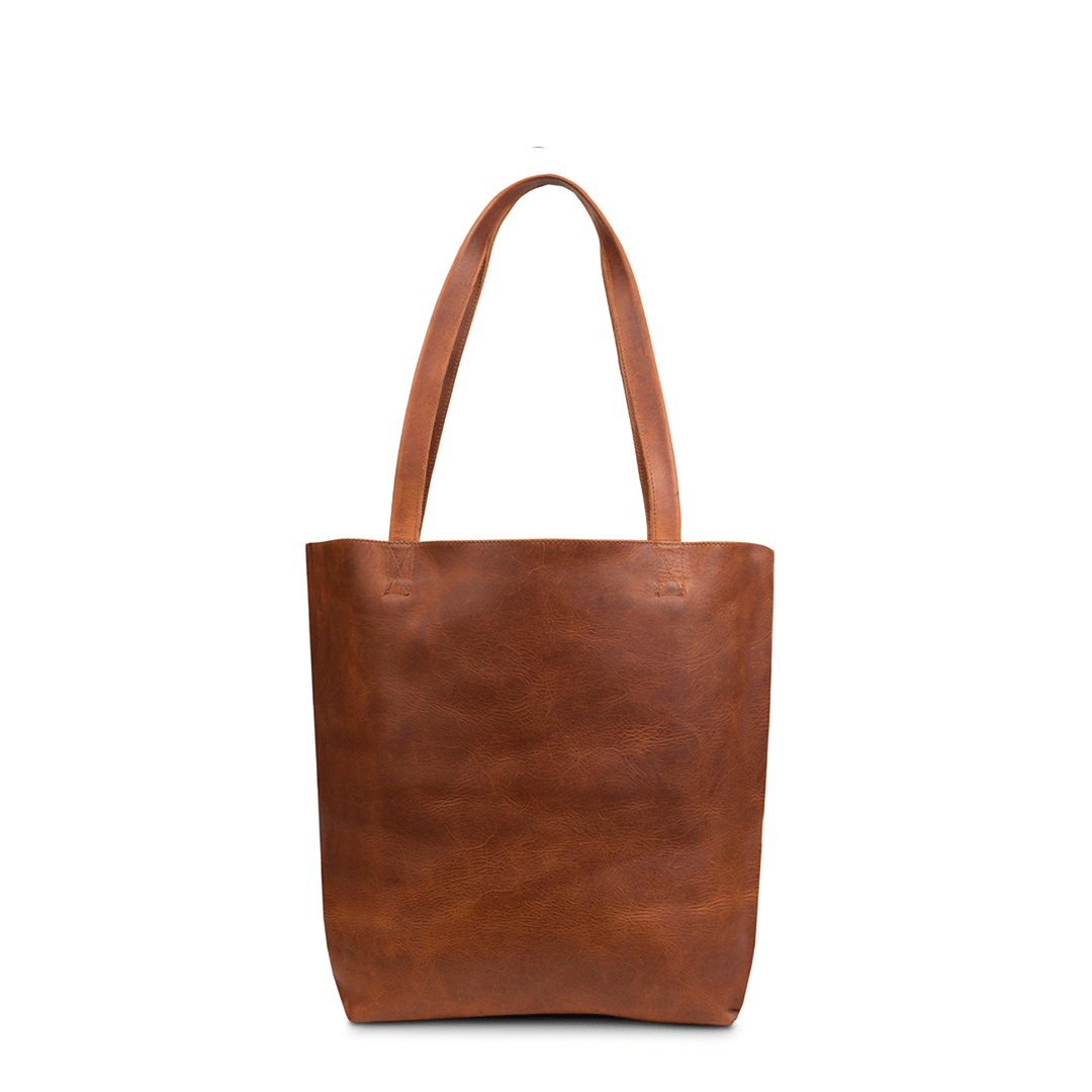 Light brown leather tote bag, front view, made to order in Guatemala