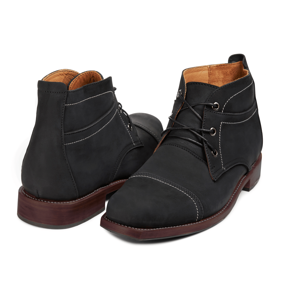 Pair of men's 2E-wide black leather fashion boots, shown from the front at an angle – The Valparaíso