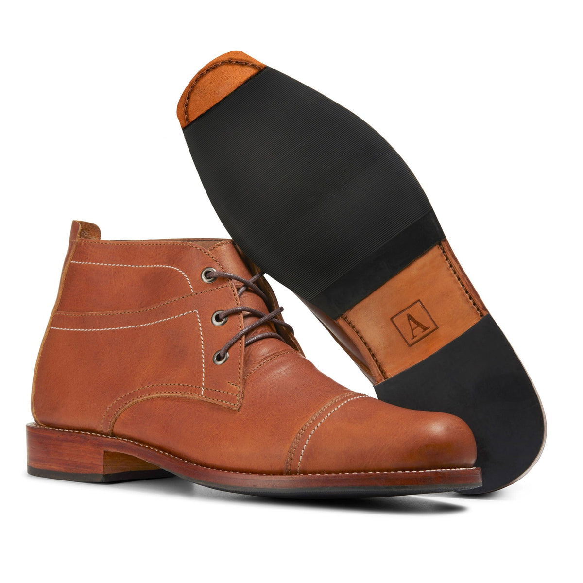Men's extra-wide light brown leather fashion boot, showing the leather sole – The Valparaíso
