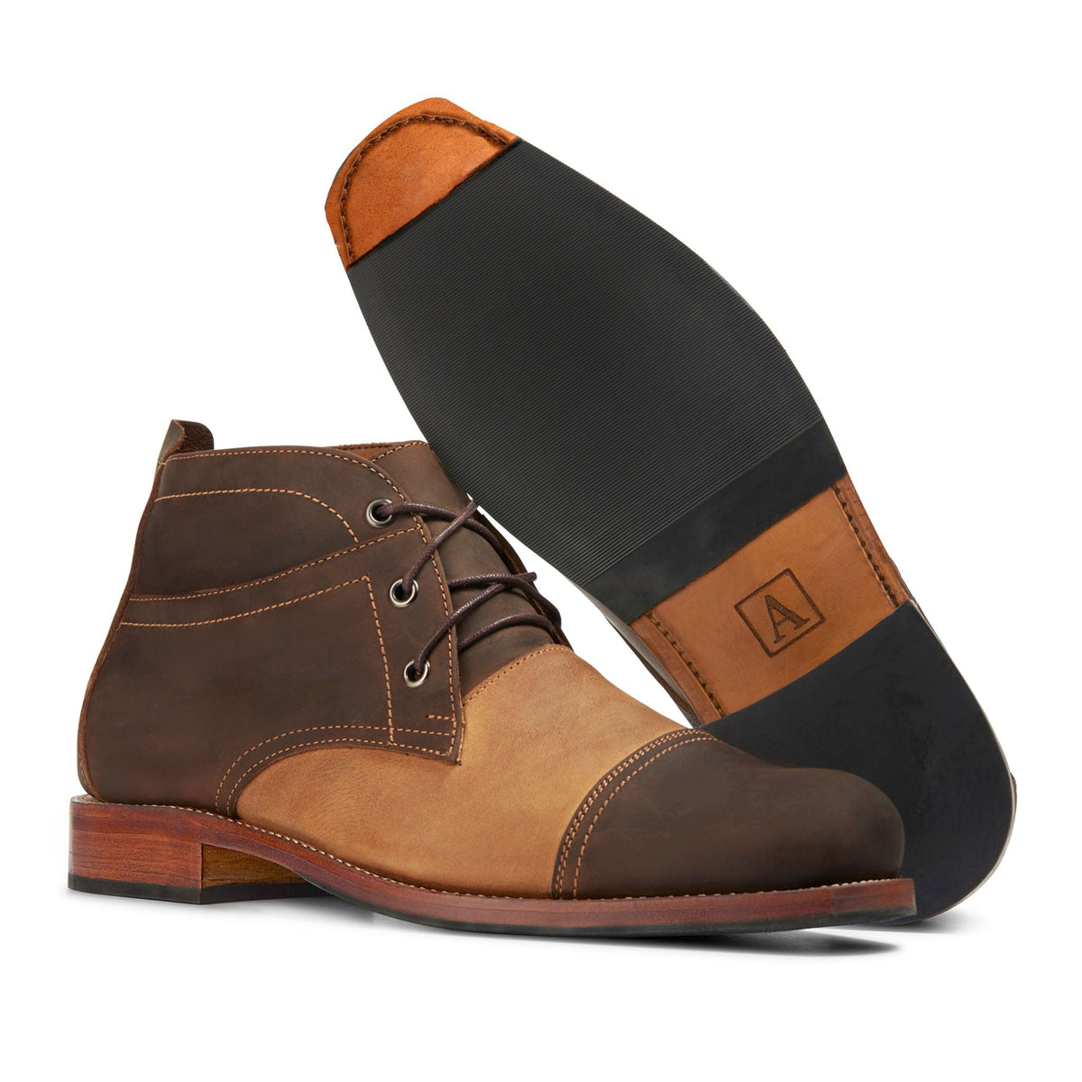 Men's 4E-wide dark brown nubuck leather fashion boot, showing the leather sole – The Valparaíso