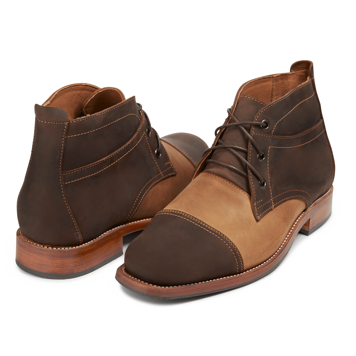 Men's wide dark brown and tan leather fashion boots, shown at an angle – The Valparaíso