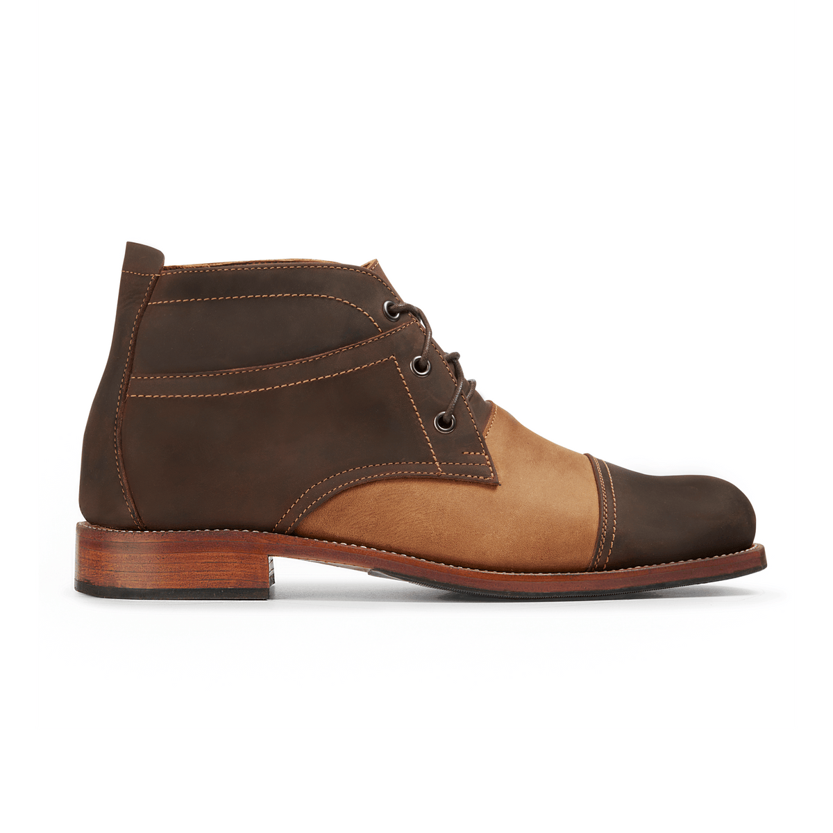 Men's 5E extra-wide dark brown and tan leather fashion boot, seen from the side – The Valparaíso