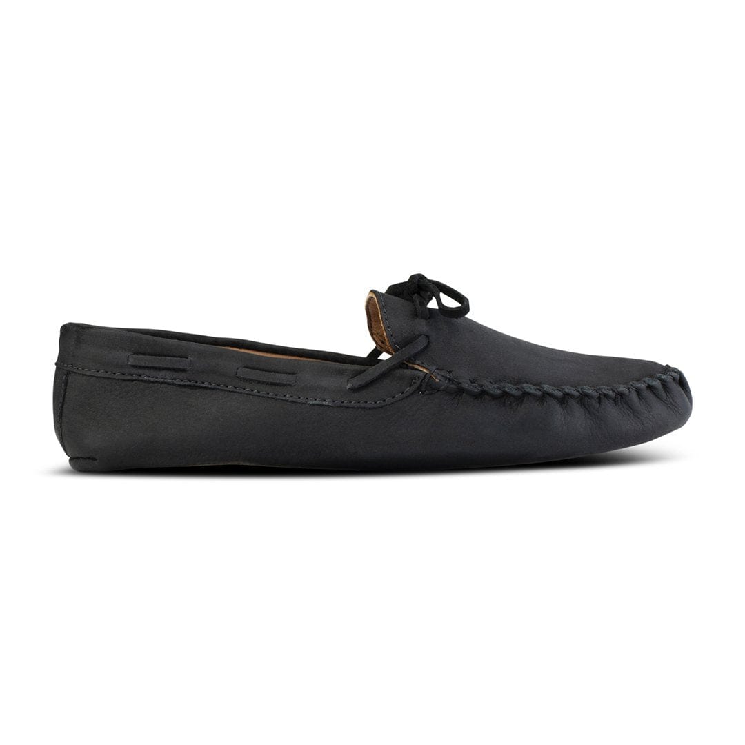 Black women's leather moccasin with hand stitched detailing by Adelante Made To Order