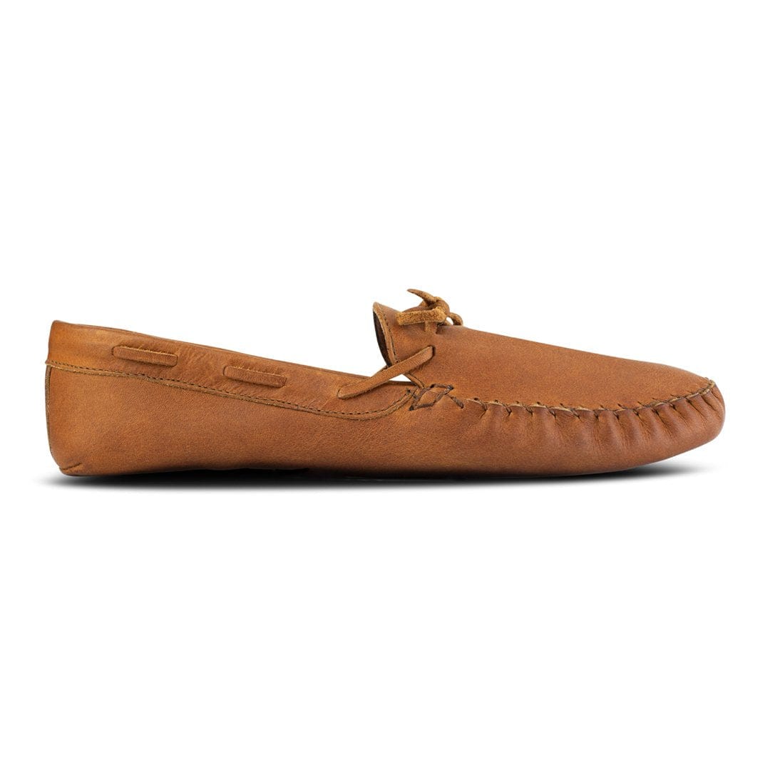 Women's brown full grain leather moccasin with handcrafted stitching and lace detail by Adelante Made To Order