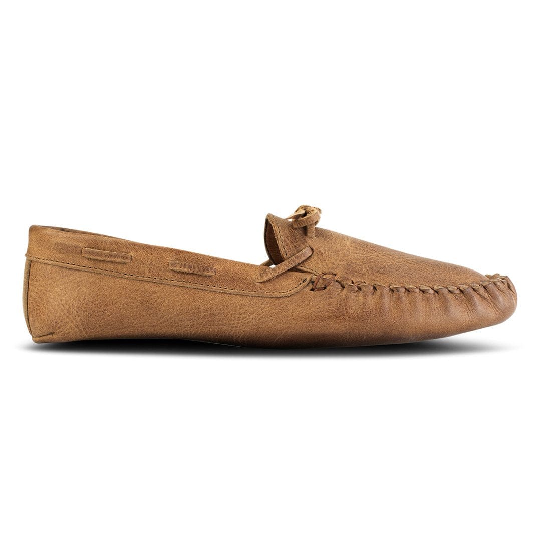 Women's tan leather moccasin with handstitched toe and lace detail handcrafted by Adelante for comfortable indoor wear