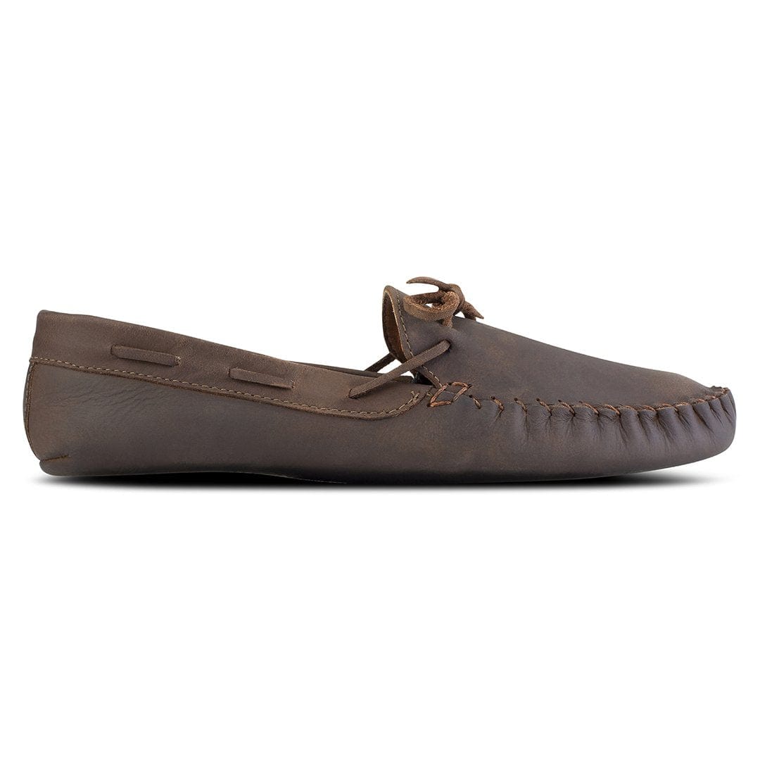 Brown leather womens moccasin with hand stitched toe and lace detail, handcrafted by Adelante Made-To-Order