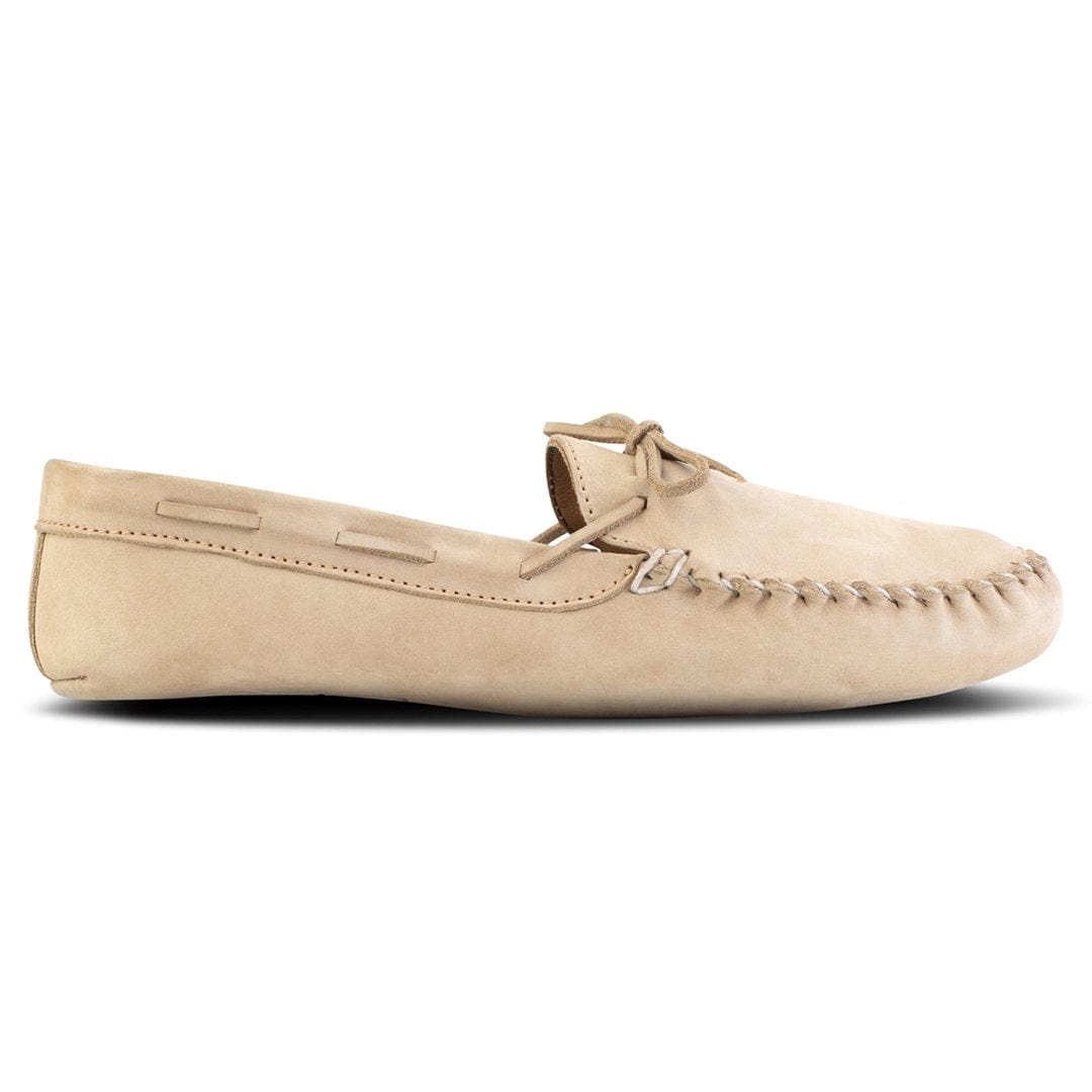 Beige womens leather moccasin with hand stitched toe and lace detail in wide width options