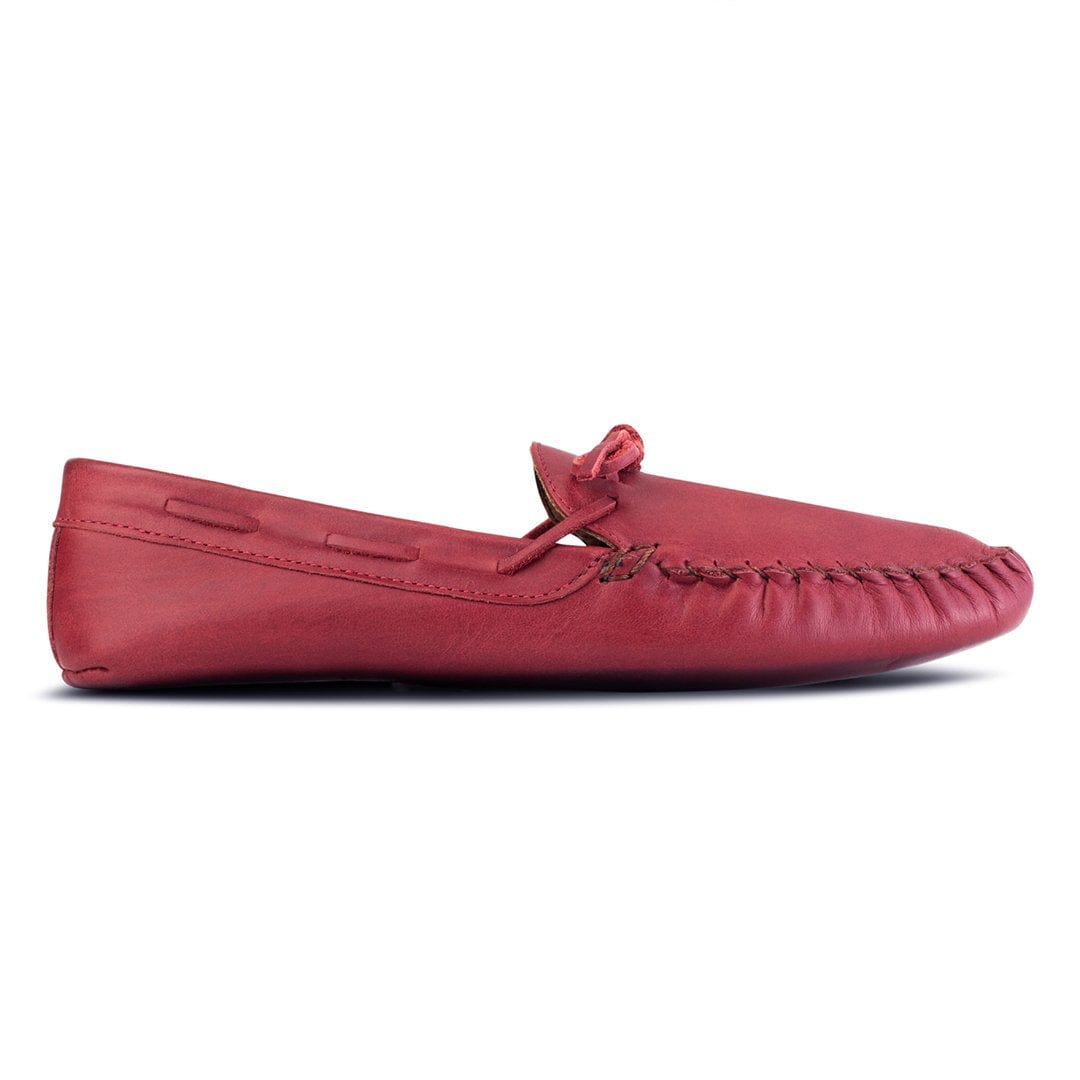 Red leather women's moccasin with hand stitched toe detail and tie closure