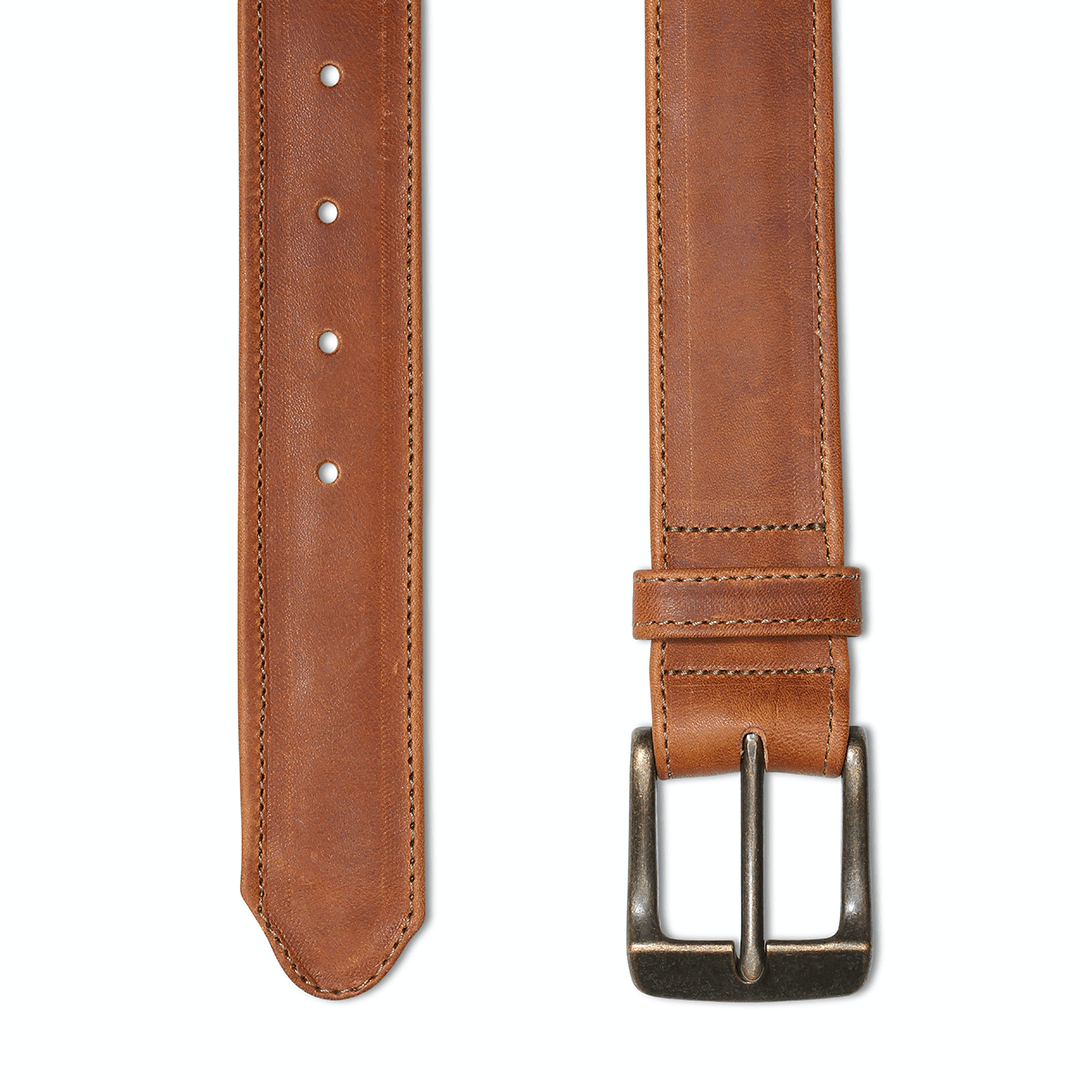 Light brown leather belt, laid out full length, made to order