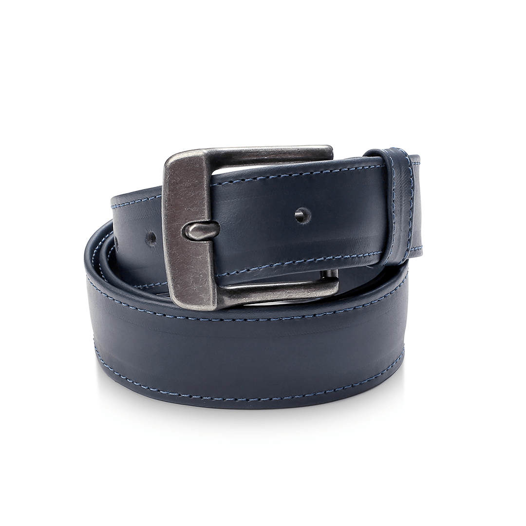 Blue leather belt, coiled, stitched by hand in Guatemala